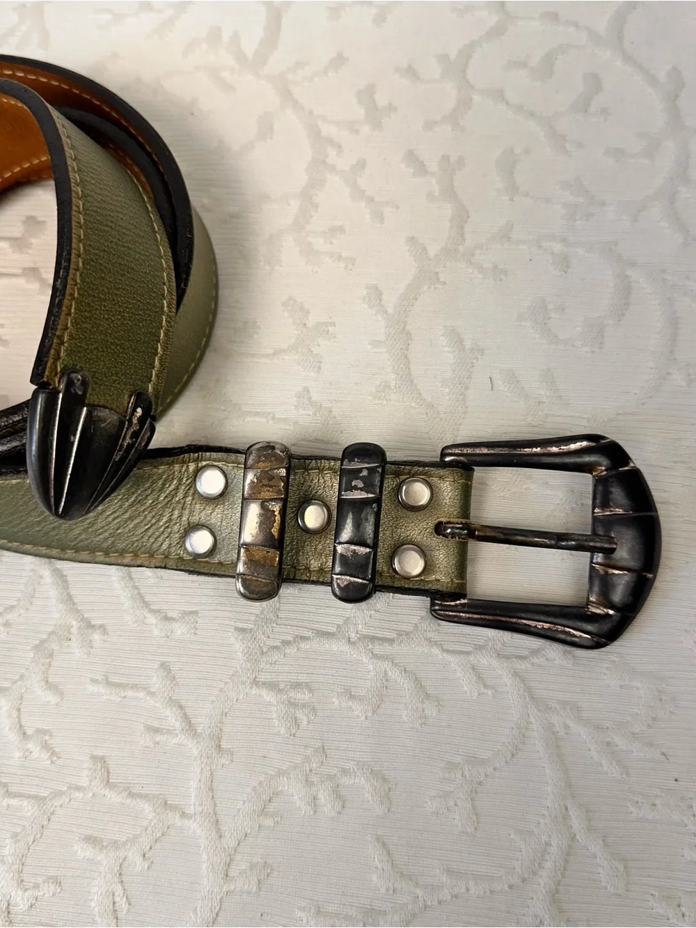 Olive Green Leather Waist Belt with Antiqued Buckle